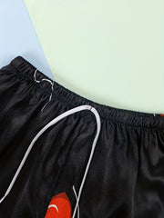 Eyelash Print Satin Lace Up Shorts Women's Sleepwear