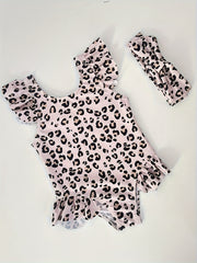 Leopard Print Swimwear With Headband Girls Bathing Suit Summer
