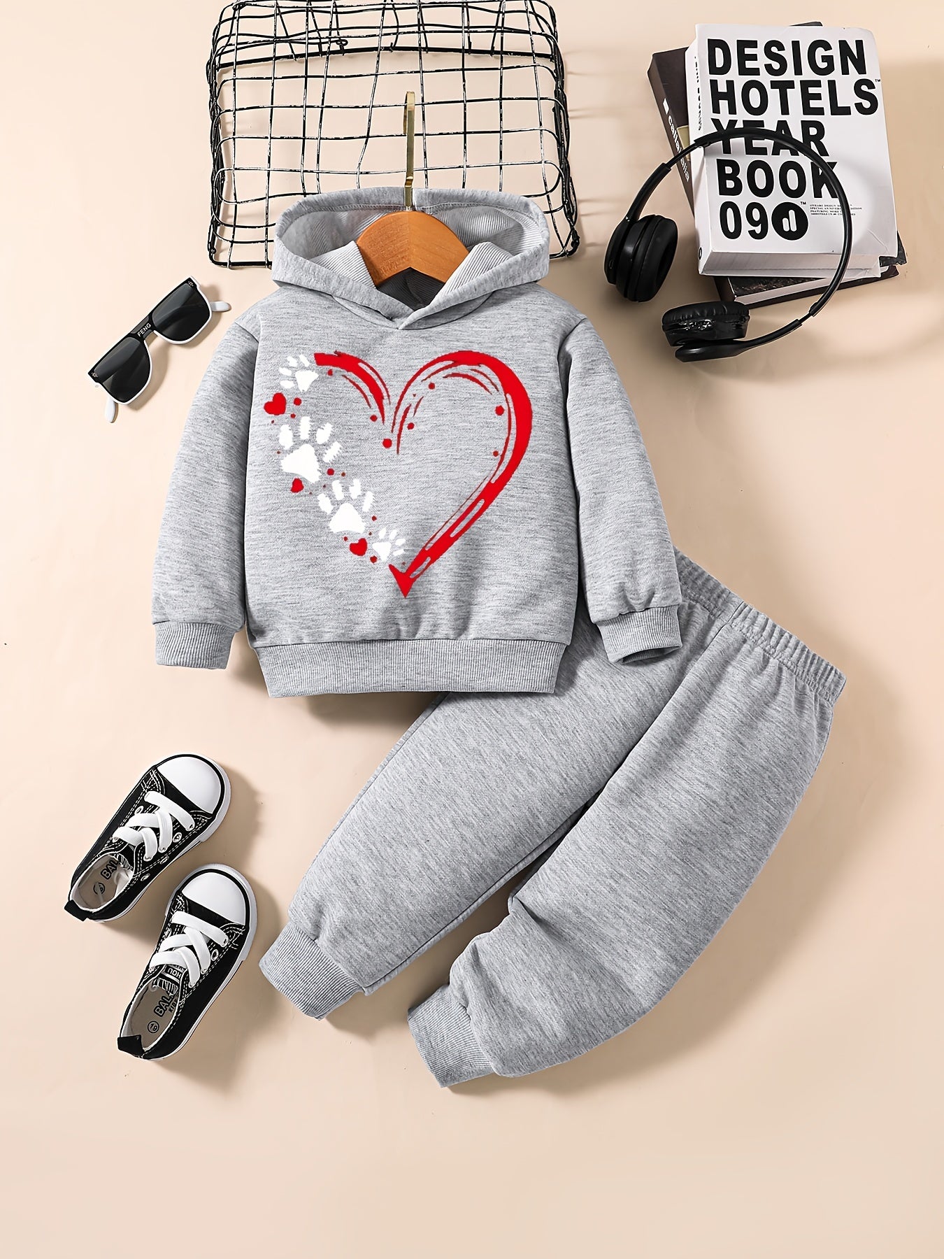 Baby Girl Footprint Heart Graphic Hoodie Pants Set