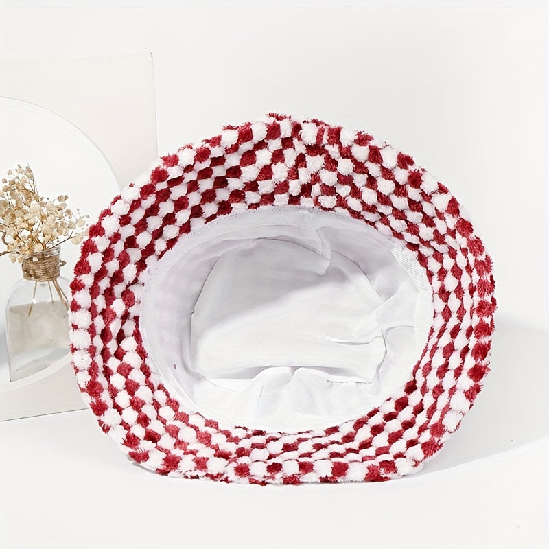 Plaid Plush Bucket Hat Lightweight Basin Hat Unisex Fisherman Hats