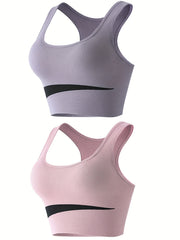 2pcs Colorblock Push Up Sports Bras Breathable & Comfy Shockproof Lingerie