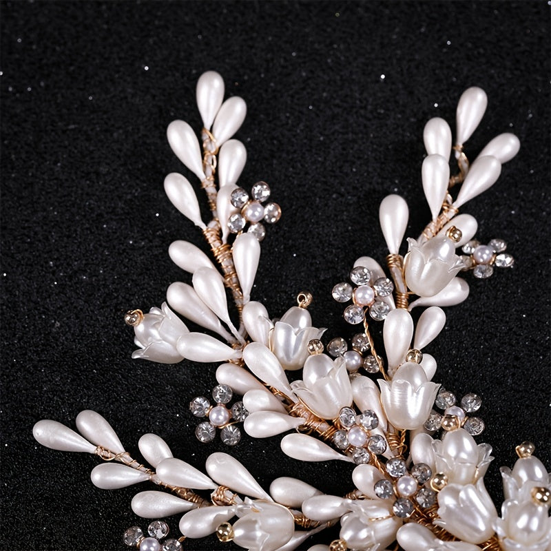 Golden Faux Pearls Hair Combs Rhinestone Headpiece Bridal Accessories