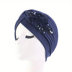 Sequin Flower Decor Turban Cap Pleated Bonnet Head Wrap