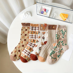 5 Pairs Floral Print Socks Women's Mid Tube Stockings