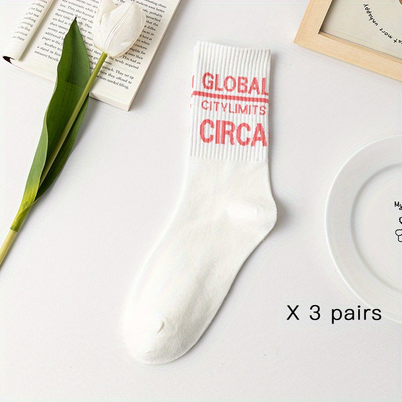 3 Pairs Letter Striped Socks Comfy & Breathable Women's Stockings