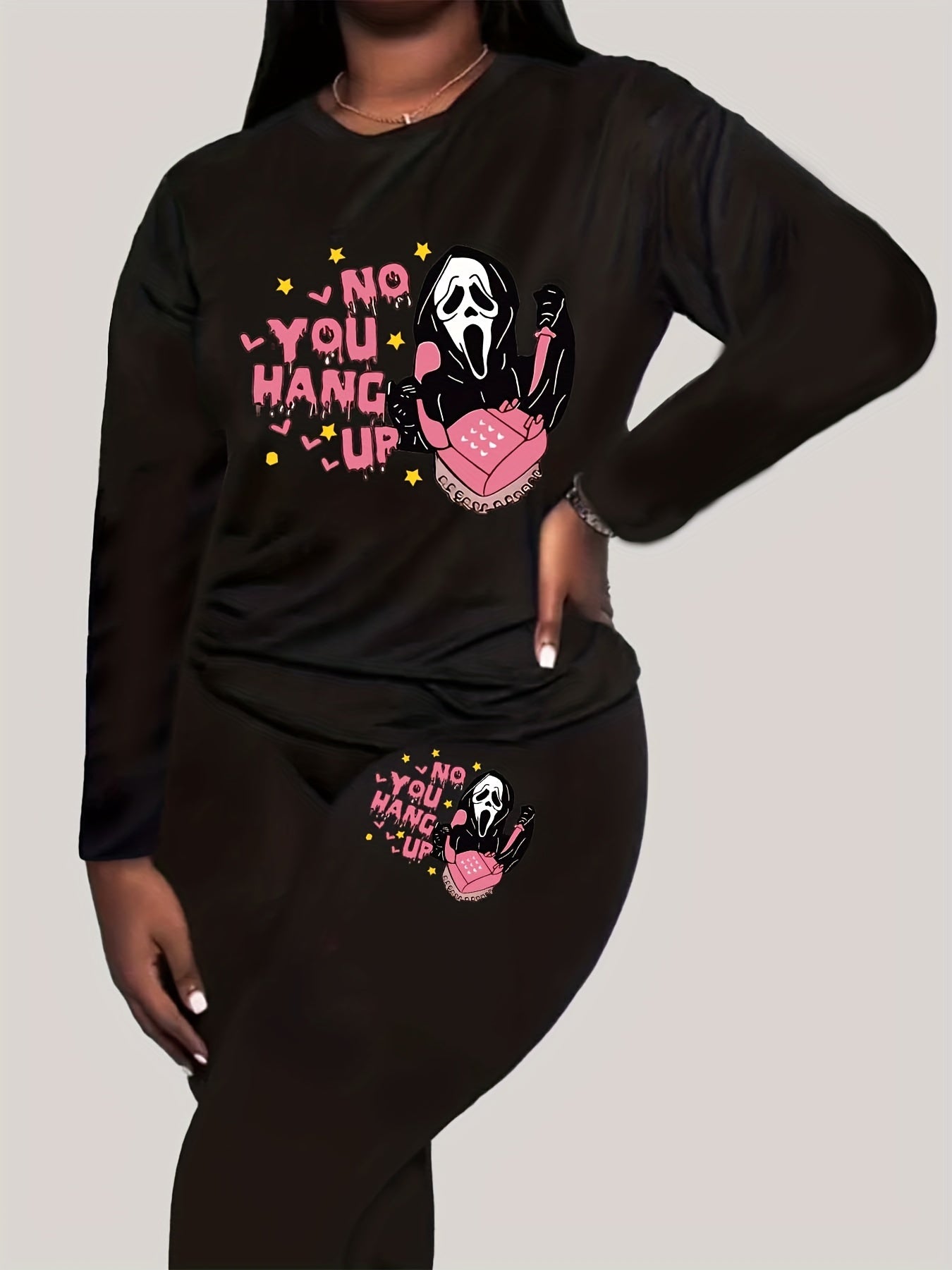 Halloween 2 Piece Set Slogan & Skull Print Long Sleeve