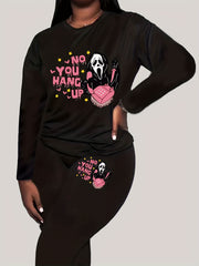 Halloween 2 Piece Set Slogan & Skull Print Long Sleeve