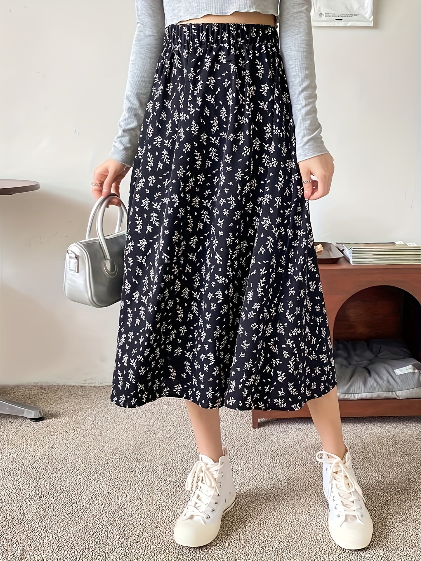 Floral Print High Waist Midi Skirt for Women