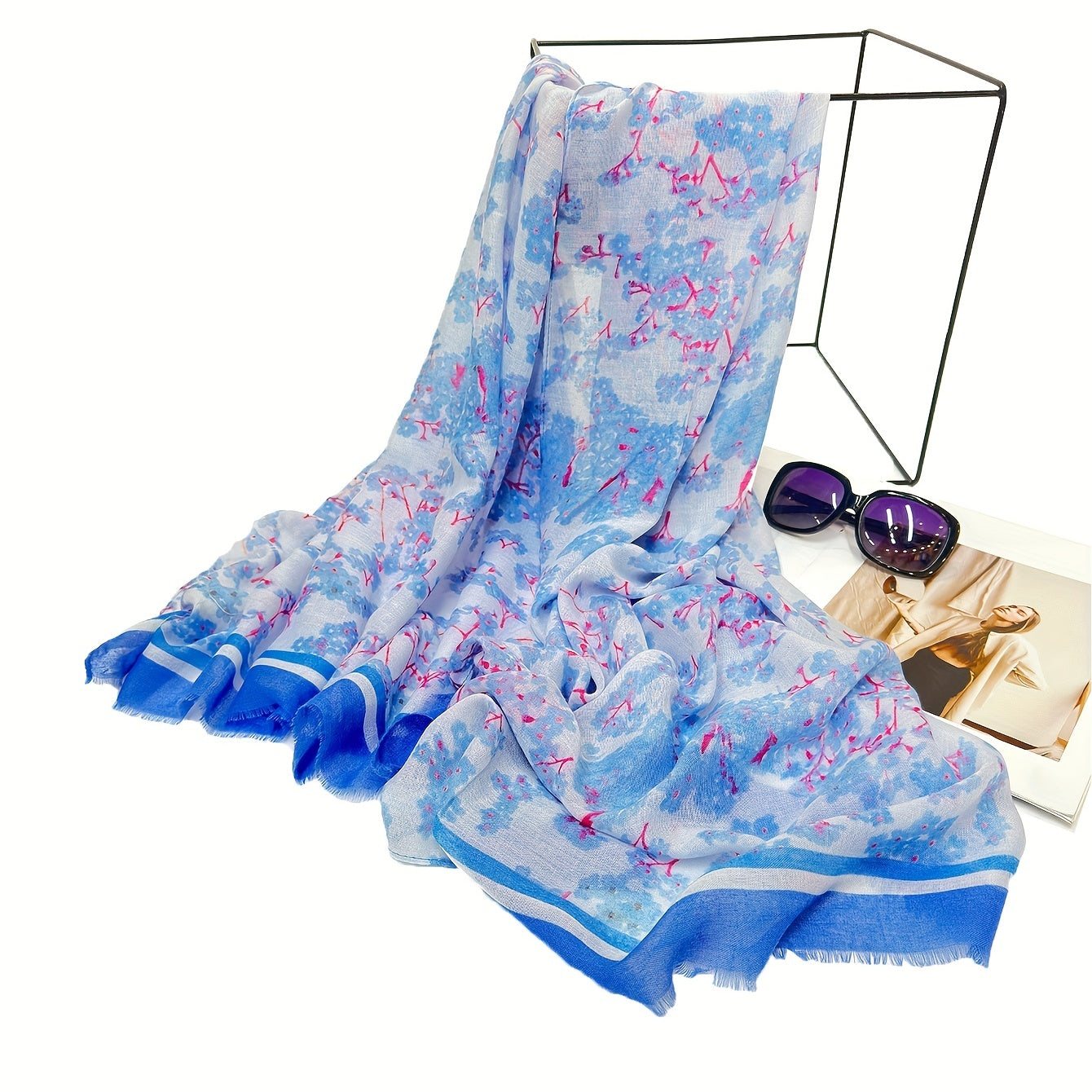 Boho Frayed Edge Floral Print Voile Scarf Large Shawl