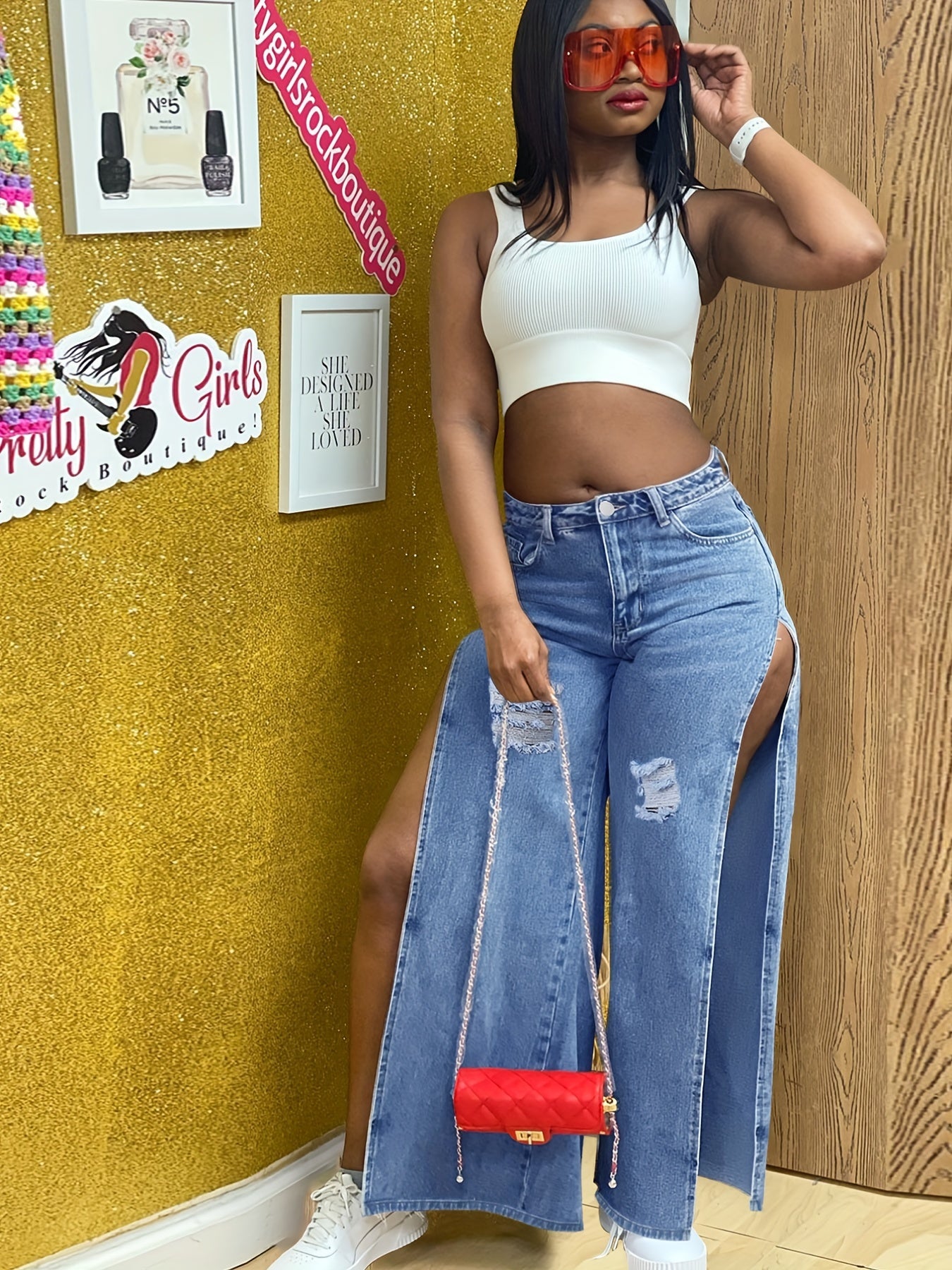 High Waist Wide Leg Denim Jeans Ripped Split Non Stretch Pants