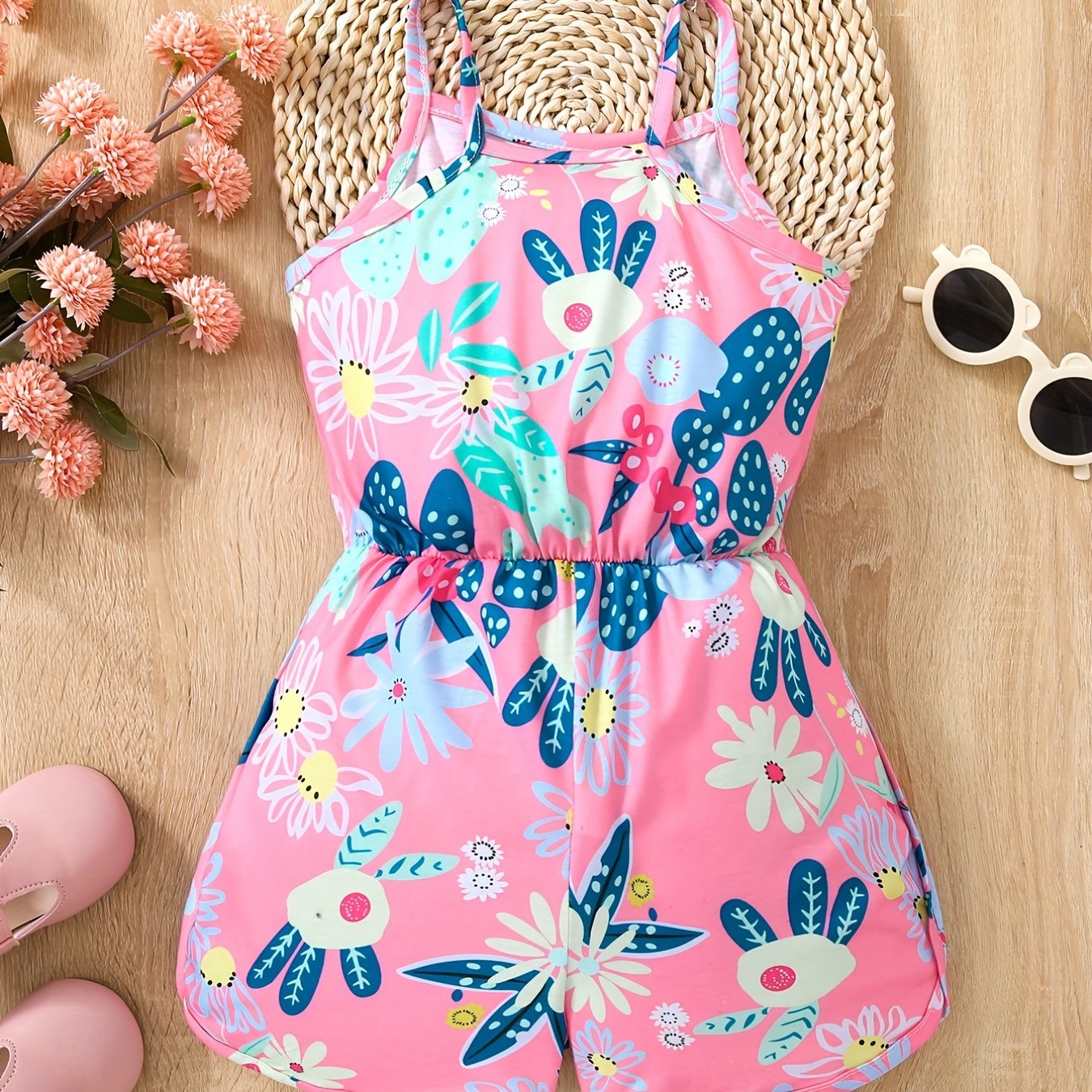 Toddler Girls Flowers Plant Cami Rompers Jumpsuits Beach Vacation