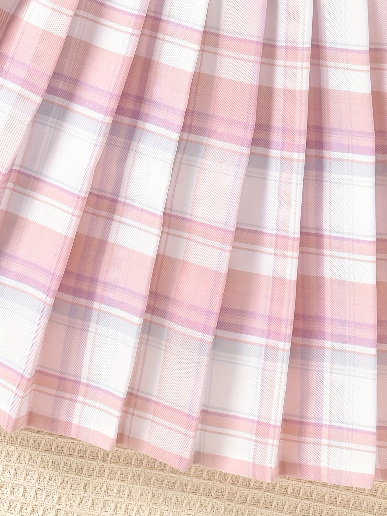 Girls Bow Front Button Short Sleeve Blouse Top & Plaid Pleated Skirt Set