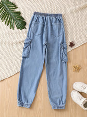 Girls Casual Cargo Denim Pants With Pockets Summer Kids Clothes