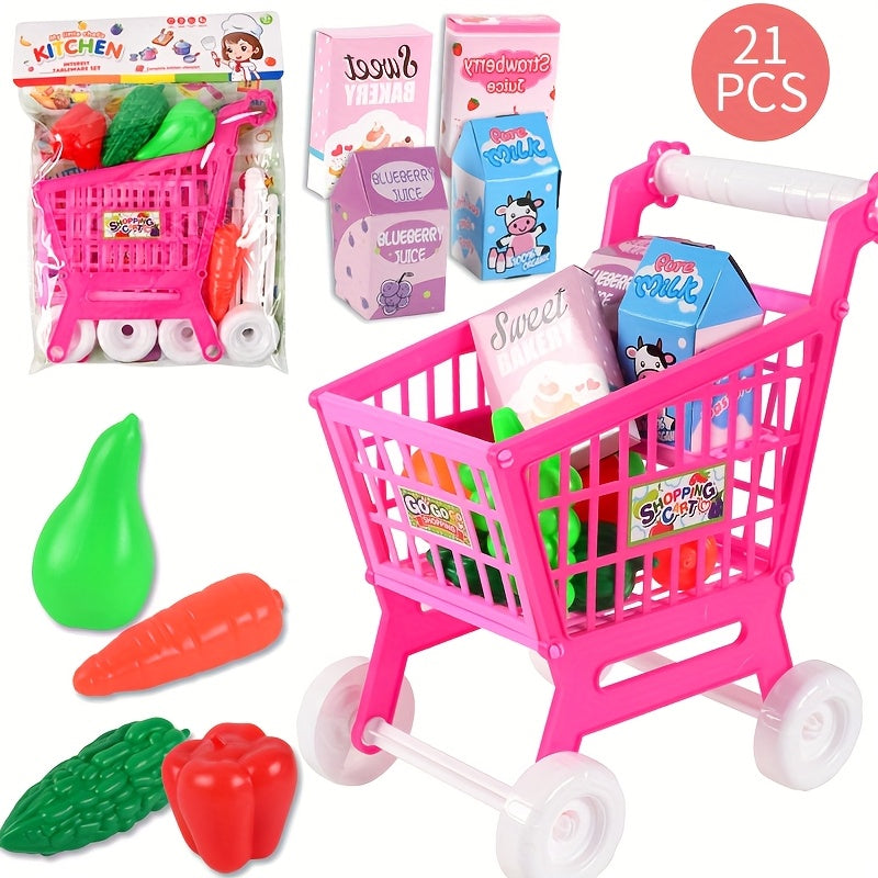 21pcs Kids' Shopping Cart Toy Educational Supermarket Trolley Role Playing Toys