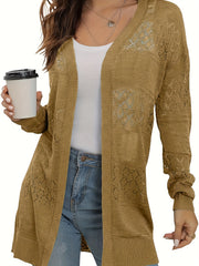 Casual Cardigan Women's Plus Eyelet Detail Lantern Sleeve Open Front