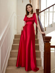Satin Backless Bridesmaid Dress Sleeveless Lace Up Ruched Waist Gowns