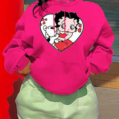 Cartoon Print Hoodie Drawstring Casual Hooded Sweatshirt