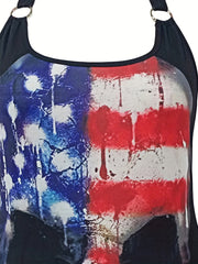 Halloween Casual Cami Dress Women's Plus Skull & Flag Print Ring Decor