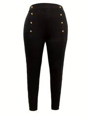 Casual Leggings Women's Plus Solid Button Decor High Rise Leggings