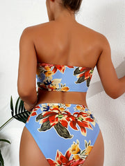 Floral Print Bandeau Bikini Set Tie Front Tube Top