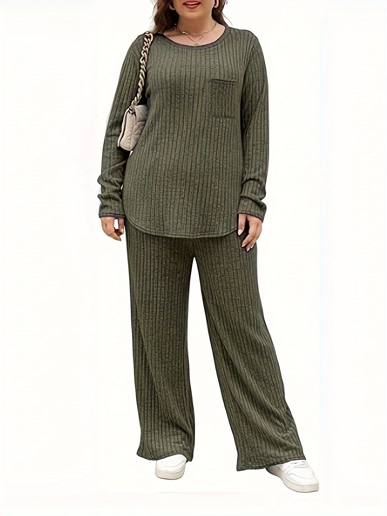 Ribbed Knit Top & Pants Outfit Set Long Sleeve Round Neck Pocket