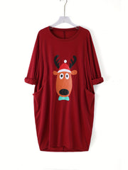 Elk Print Long Sleeve Christmas Dress with Pockets