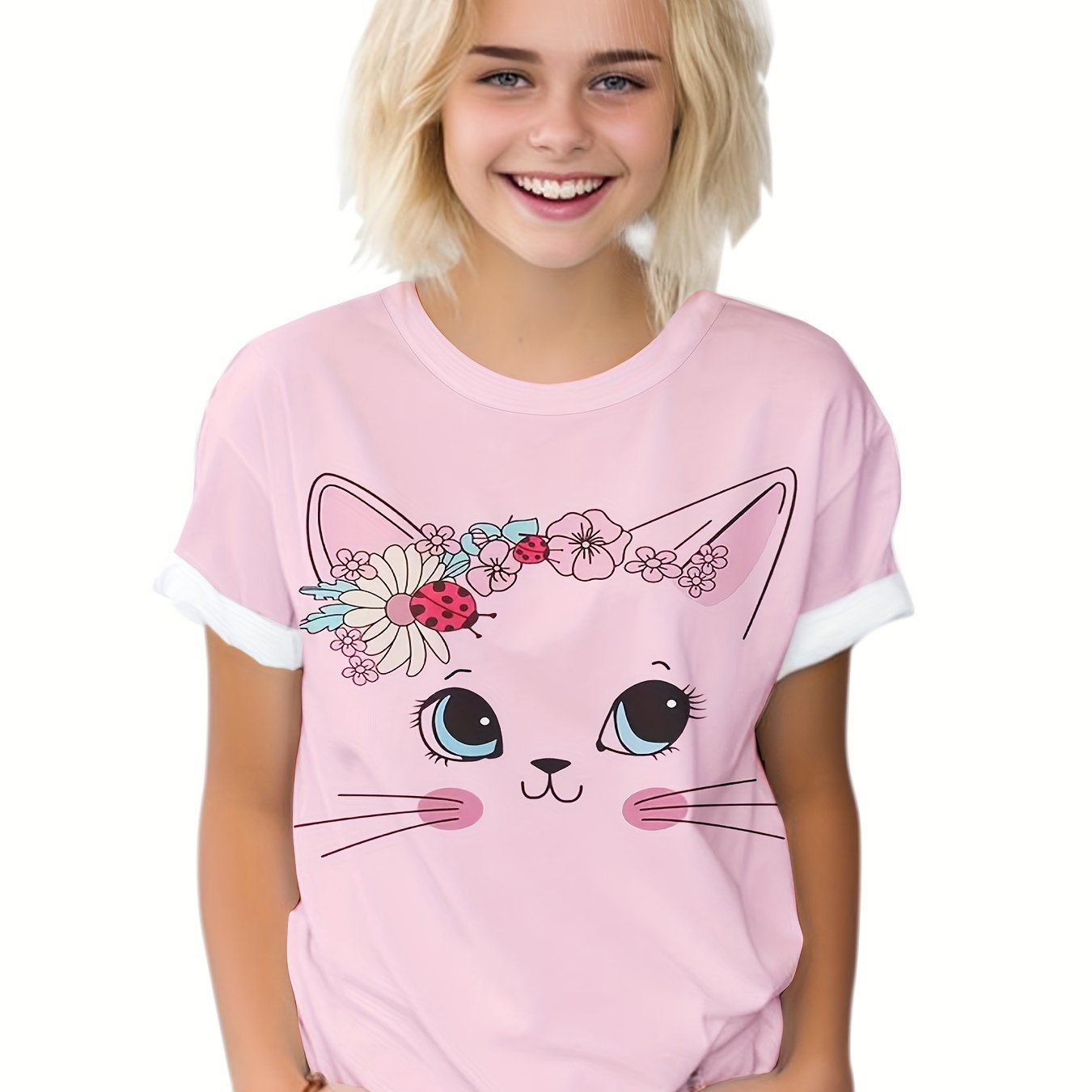Kids Flower Kitty Graphic Short Sleeve T-shirt for Summer