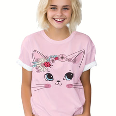 Kids Flower Kitty Graphic Short Sleeve T-shirt for Summer