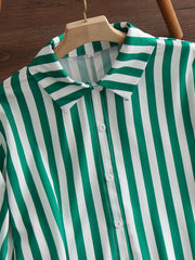 Stripe Print Button Up Roll Up Sleeve Blouse