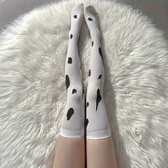 Cow Spots Print Thigh High Socks Cosplay Over The Knee Stockings