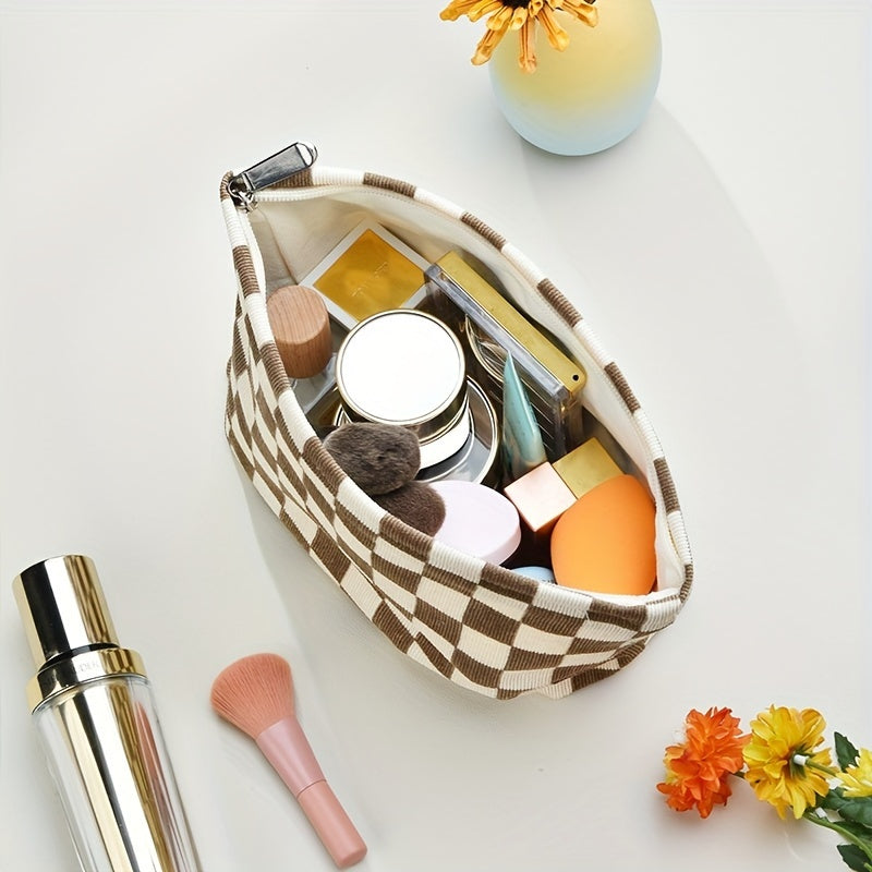 Corduroy Checkered Makeup Bag Zipper Pouch Large Capacity Cosmetic Organizer