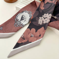Brown Flower Print Skinny Scarf Vintage Silky Long Ribbon Neckerchief