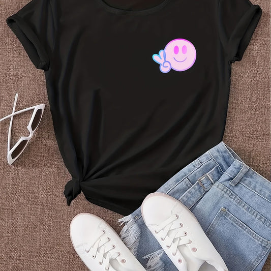 Smiling Face Print Casual T Shirt Round Neck Short Slee