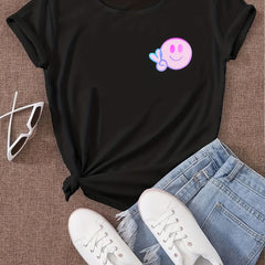 Smiling Face Print Casual T Shirt Round Neck Short Slee