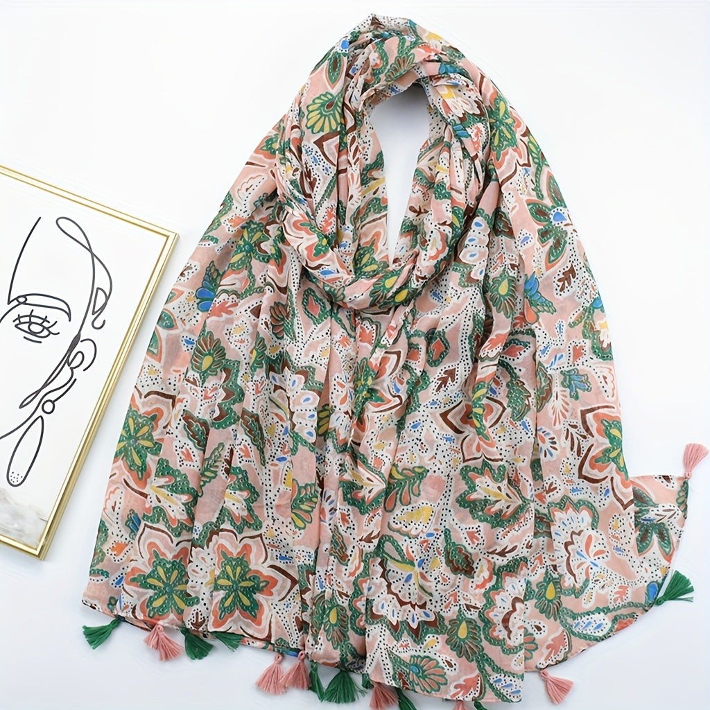Vintage Floral Paisley Print Scarf Boho Block Tassel Shawl