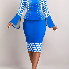 Colorblock Geometric Print Bell Sleeve Midi Dress
