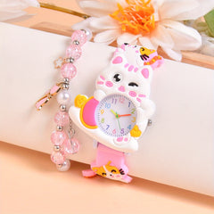 3D Cartoon Cat Silicone Watch for Girls with Beaded Cat Bracelet Set