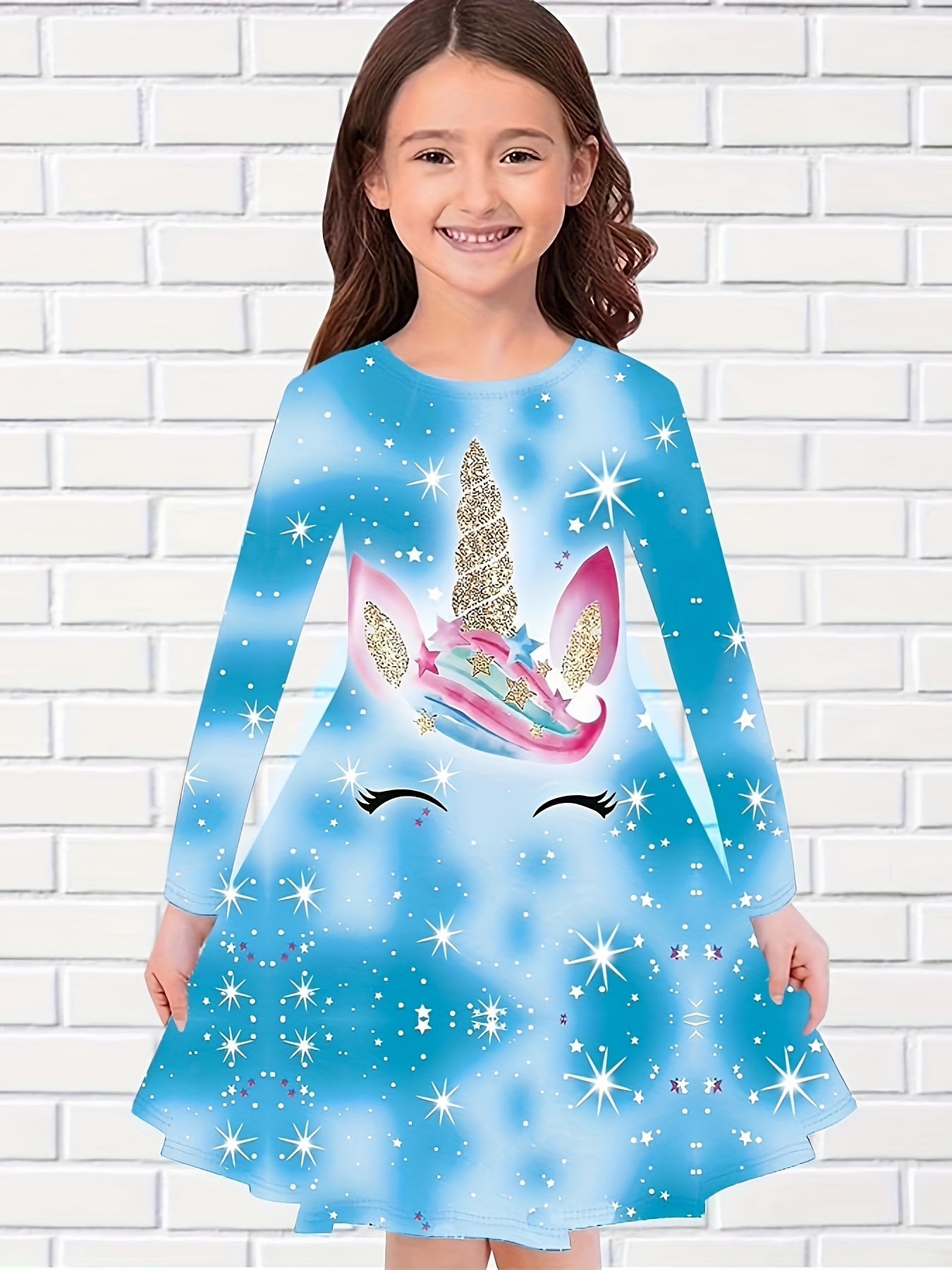 Sweet Girls Kitten Long Sleeve Dress for Spring Fall Party