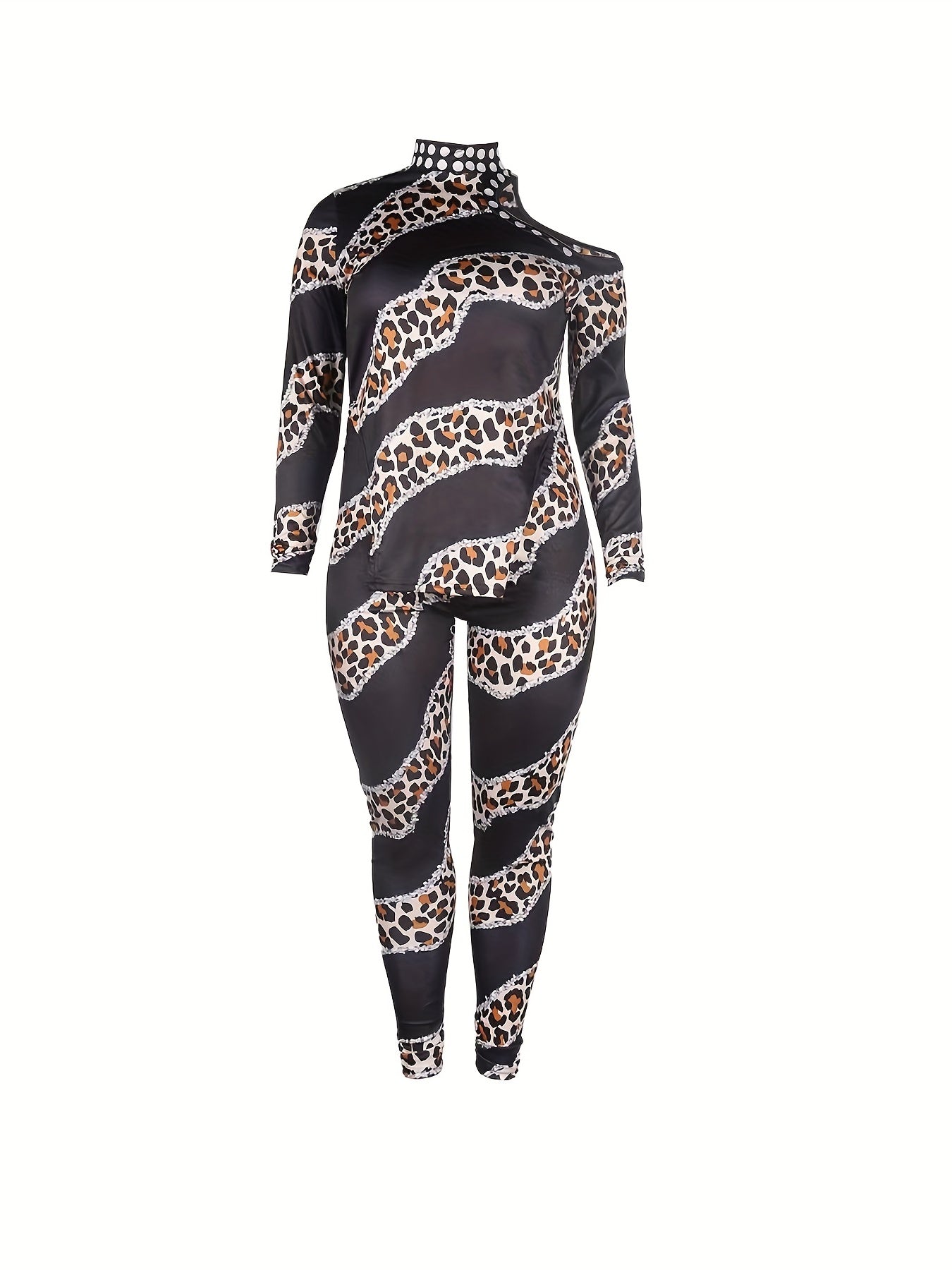 Leopard Patchwork Print Two-piece Set Cold Shoulder Split T-shirt & Casual Pants