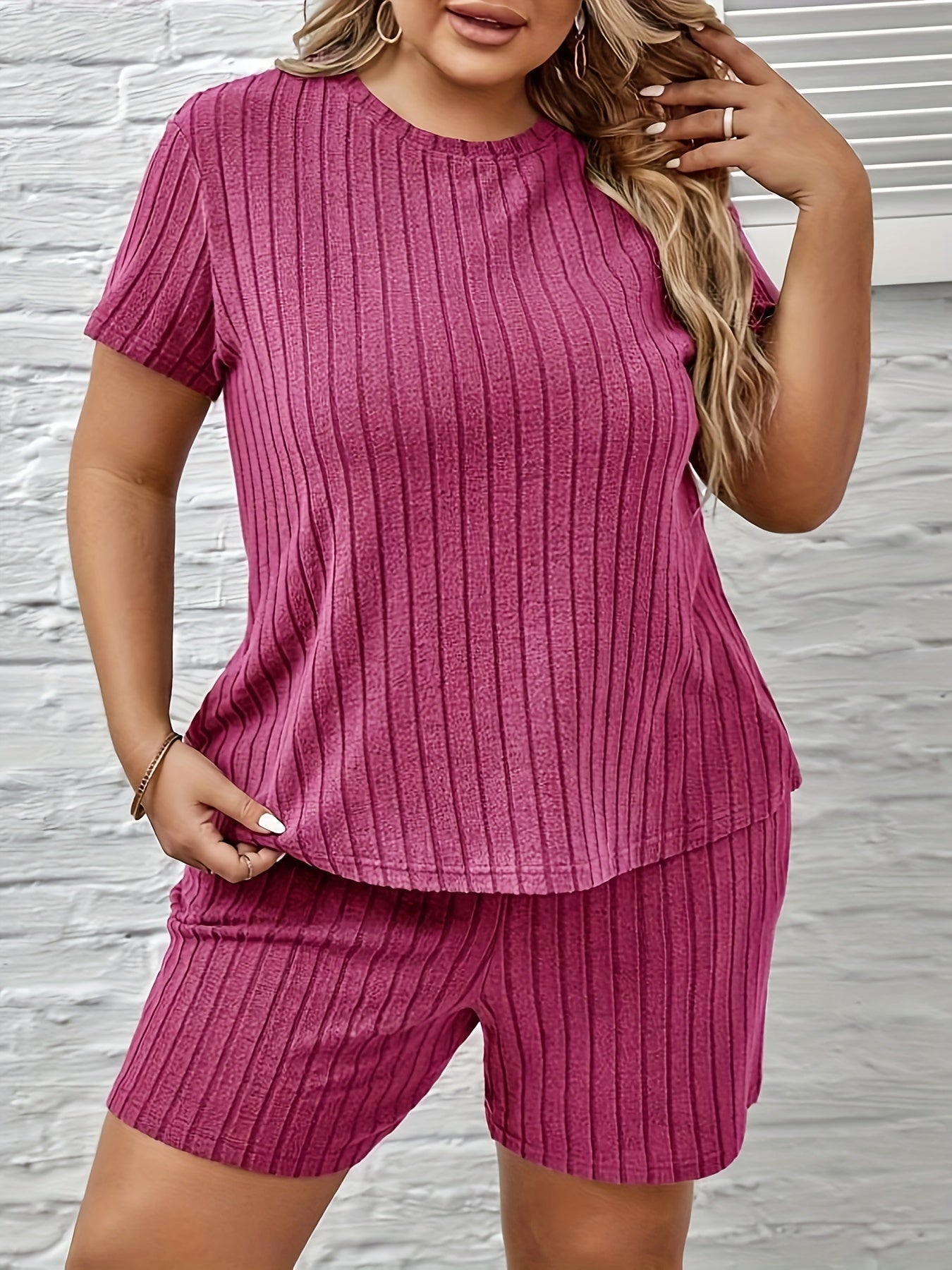 Ribbed Knit Lounge Set Short Sleeve Top & Shorts Pajama