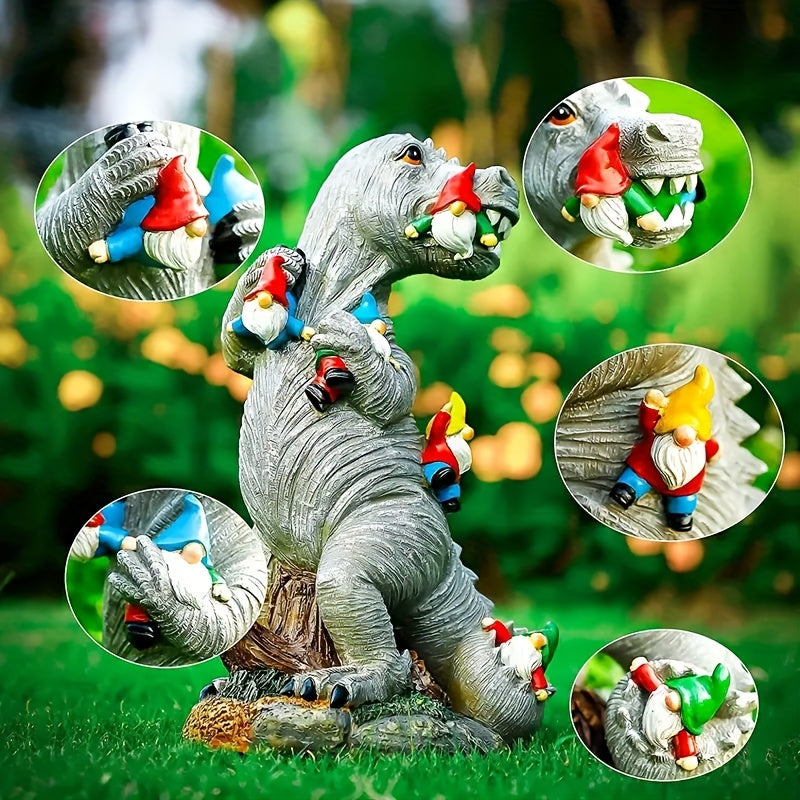 Dinosaur Eating Gnome Statue for Garden Decor