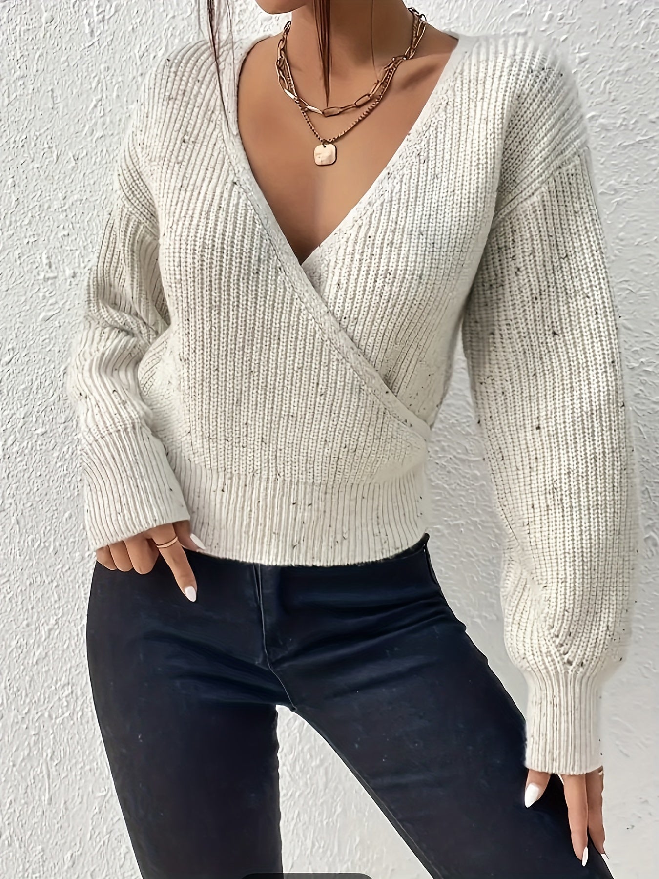 Surplice Neck Knit Sweater Long Sleeve Casual