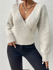 Surplice Neck Knit Sweater Long Sleeve Casual