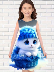 Cartoon Cat Sleeveless Dress for Girls - Summer Outdoor Wear