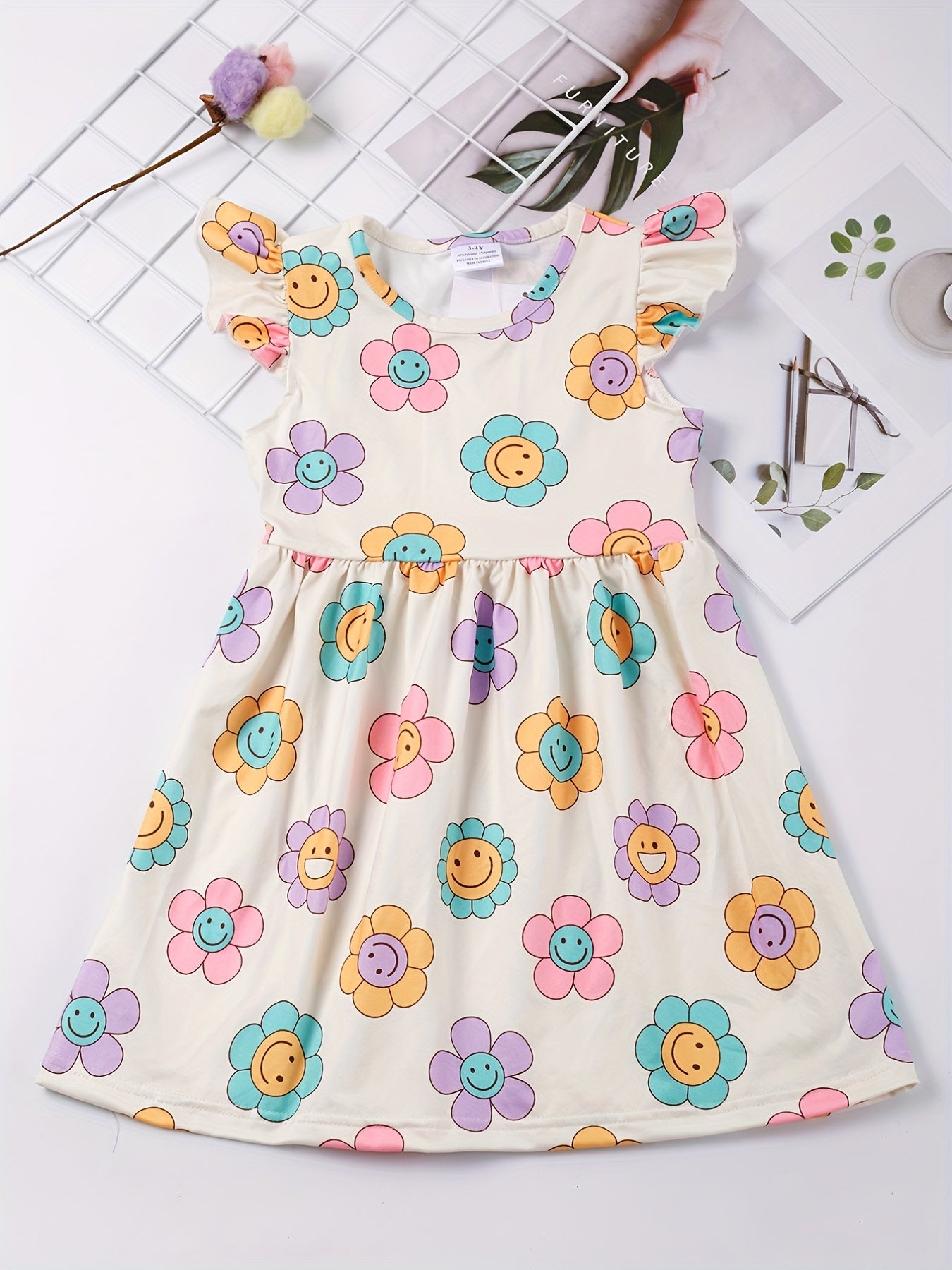 Toddler Girls Ruffled Sleeves Smile Face Flowers Plaid Dress