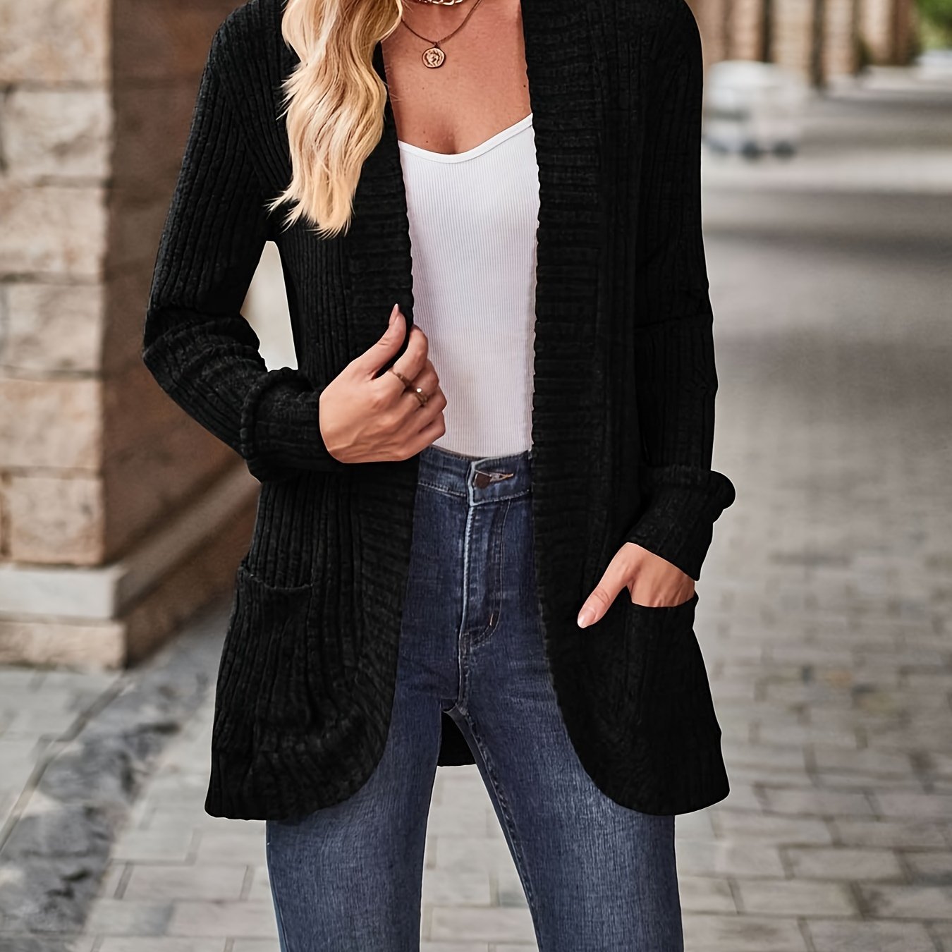 Solid Ribbed Long Sleeve Open Front Knit Cardigan