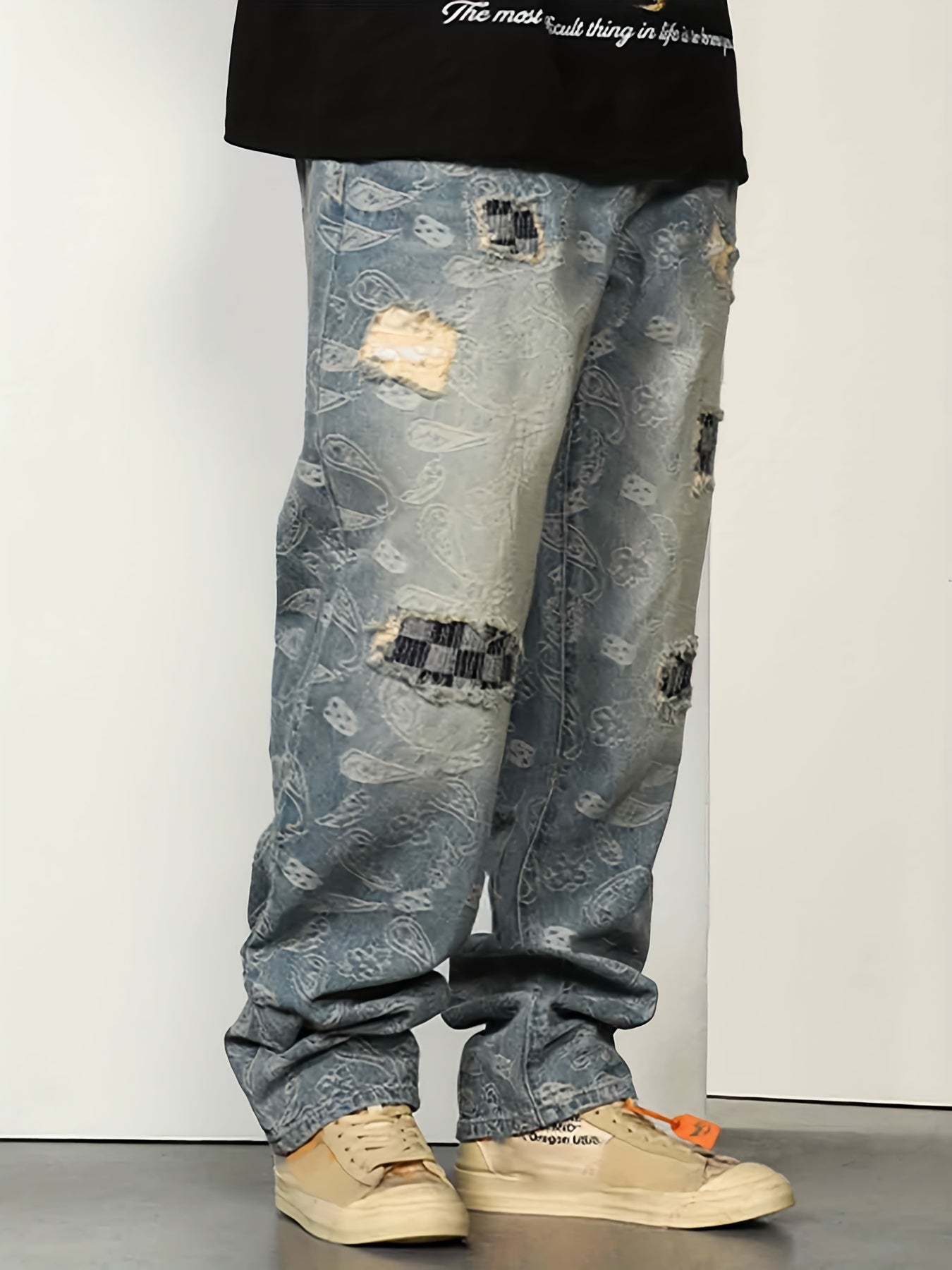 Men's Paisley Patchwork Jeans Loose Fit Casual Street Style