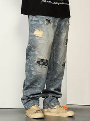 Men's Paisley Patchwork Jeans Loose Fit Casual Street Style