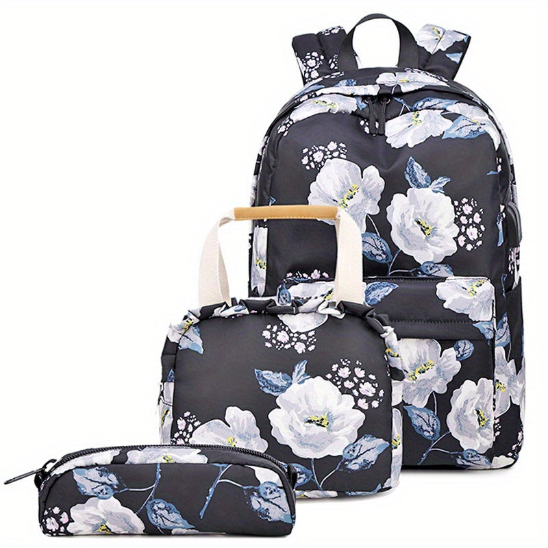 Kids Floral Backpack Set - School Bookbag, Lunch Bag, Pencil Case