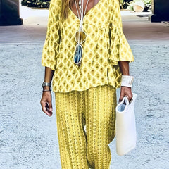 Leaf Print Bell Sleeve Top & Pants Set